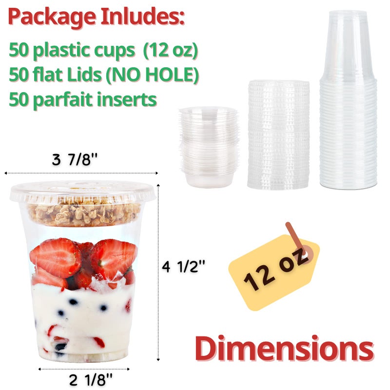 Aatriet 12 oz Clear Plastic Parfait Cups with Insert 3.25oz & Flat Lids No Hole - (50 Sets) Yogurt Fruit Parfait Cups for Kids, for Dips and Veggies, Take Away Breakfast and Snacks. No Leaking - Image 5